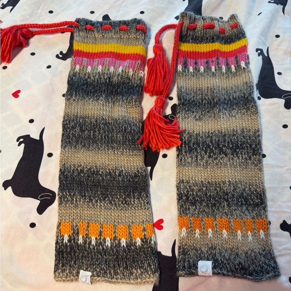 Hand Knit Gray Stripe Arm Warmers with Colorful Accents